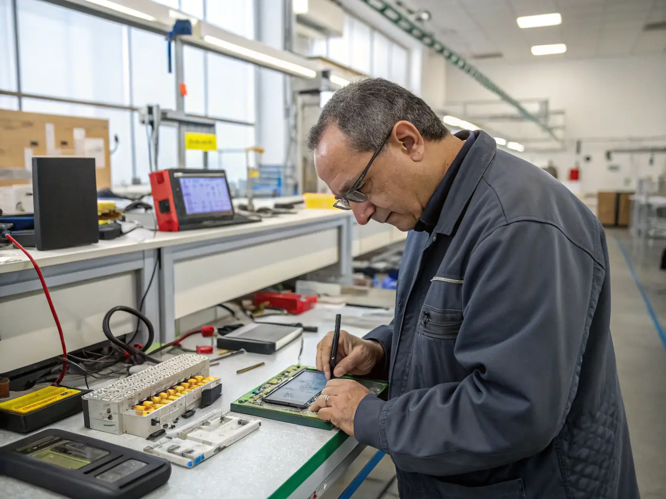 A photo of a professional quality control inspector in a factory in Shenzhen, China, examining a batch of electronic components with precision tools, ensuring they meet the required standards before shipment to Israel.