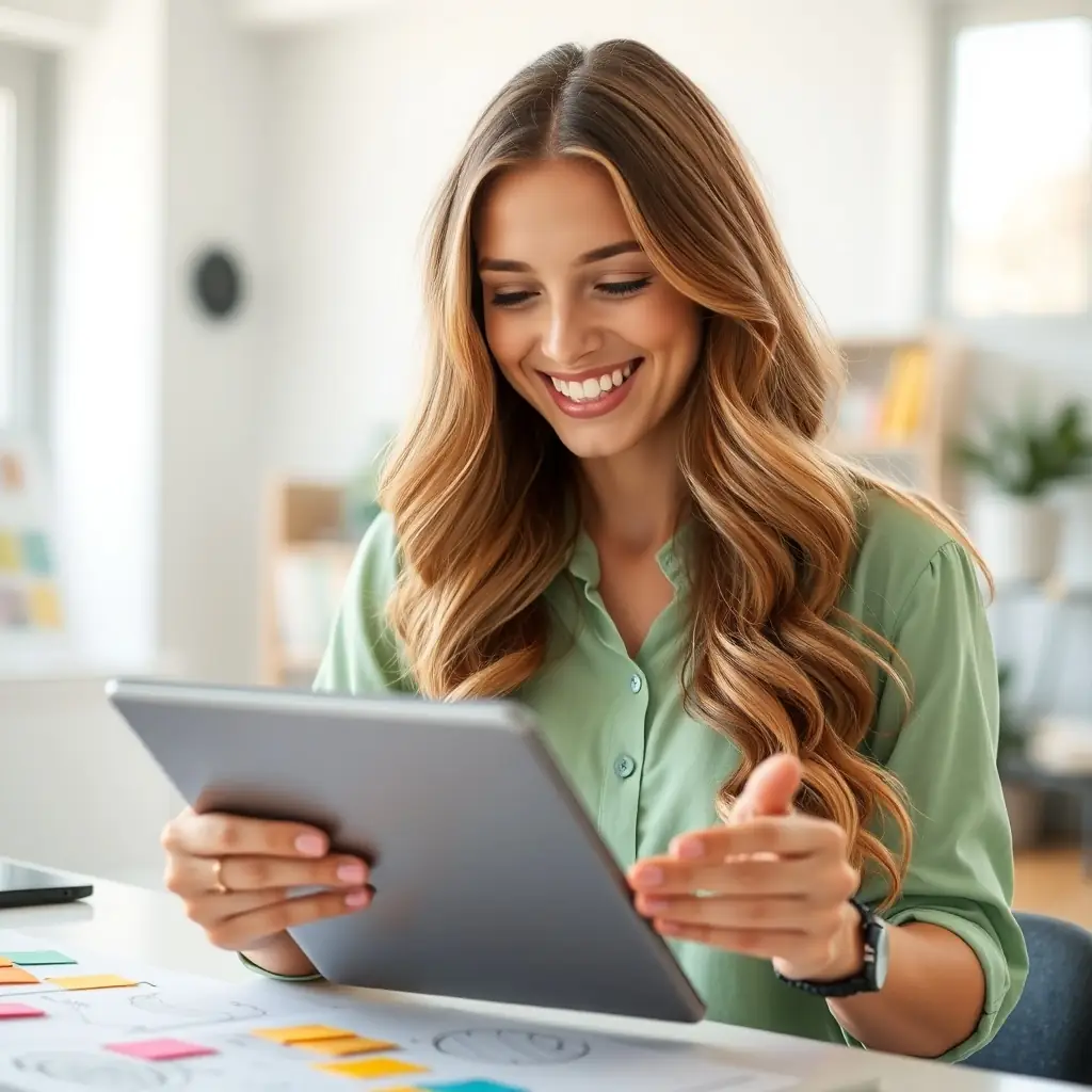 A woman with long hair and a creative expression, working on a tablet in a colorful office space.