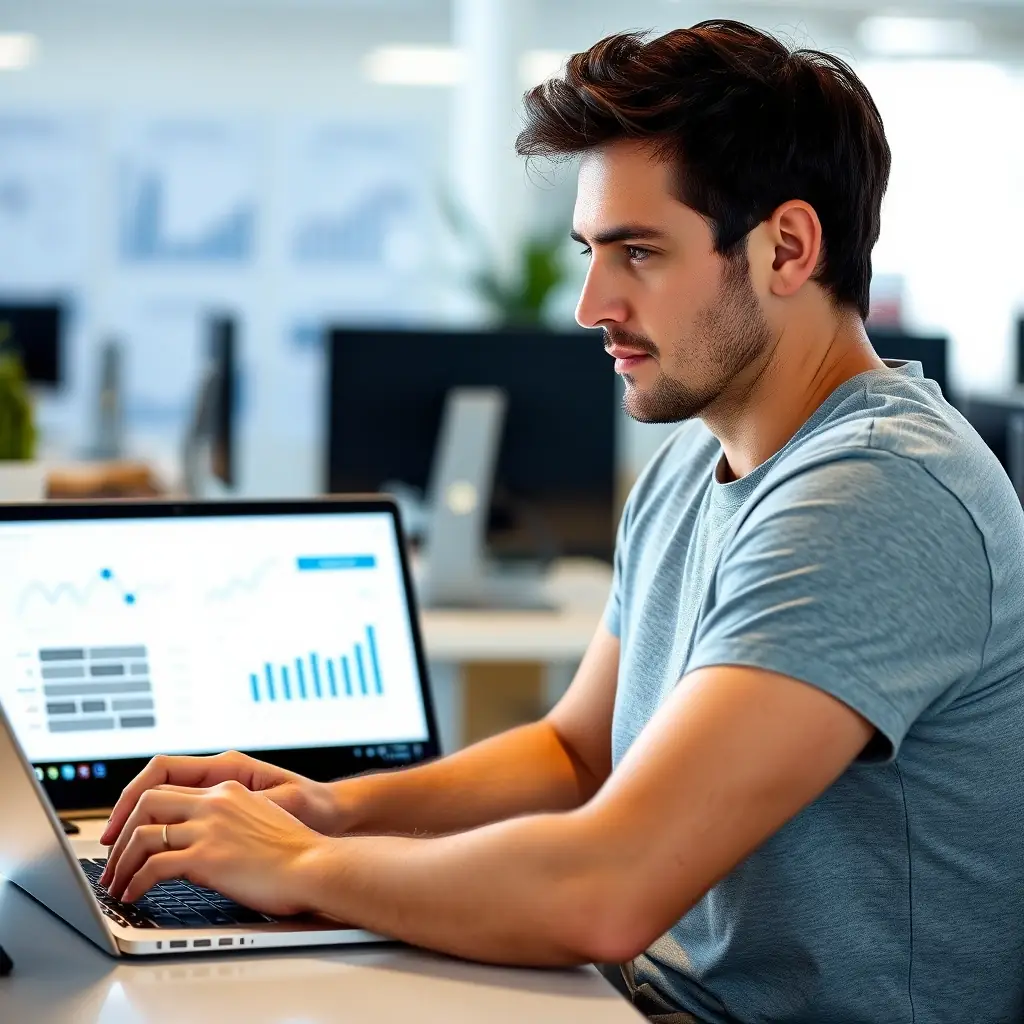A man with a thoughtful expression, working on a laptop with data visualizations in the background.