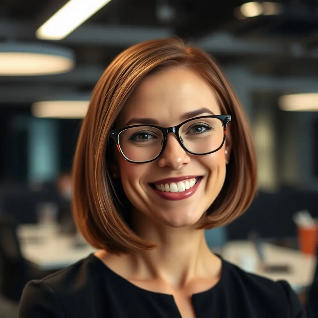 A young woman with glasses and a bright smile, wearing a casual outfit in a modern office environment.