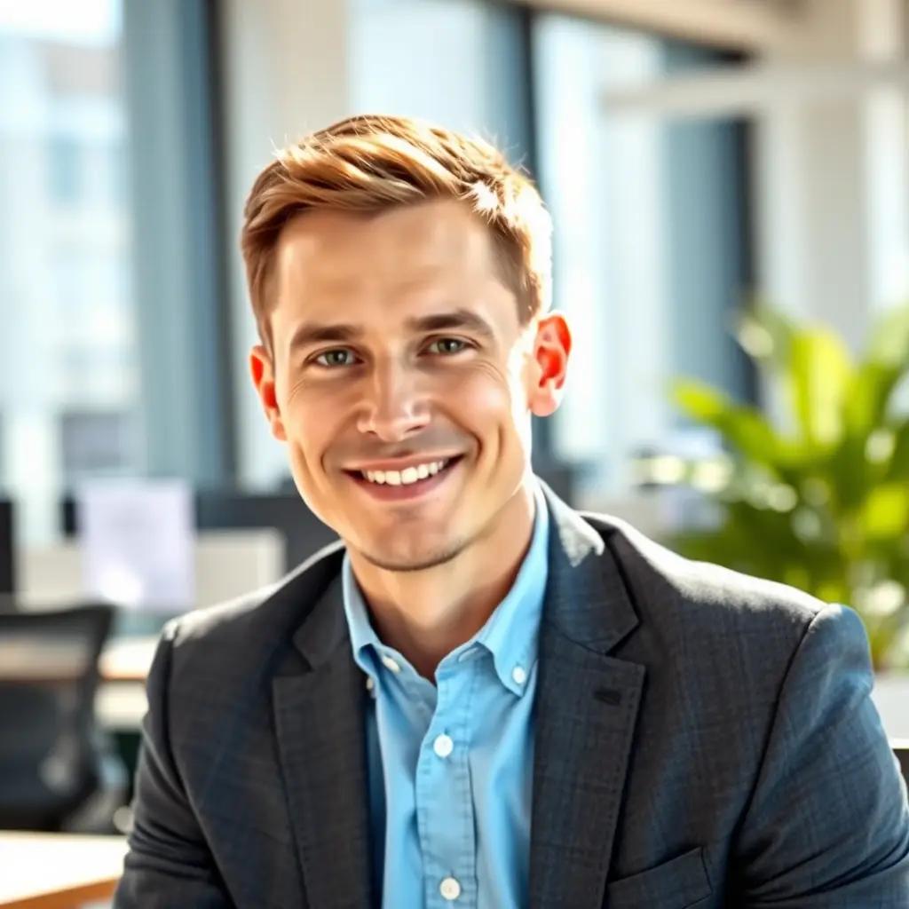 A man in his late 30s with short hair and a confident expression, wearing a button-down shirt in a well-lit office.