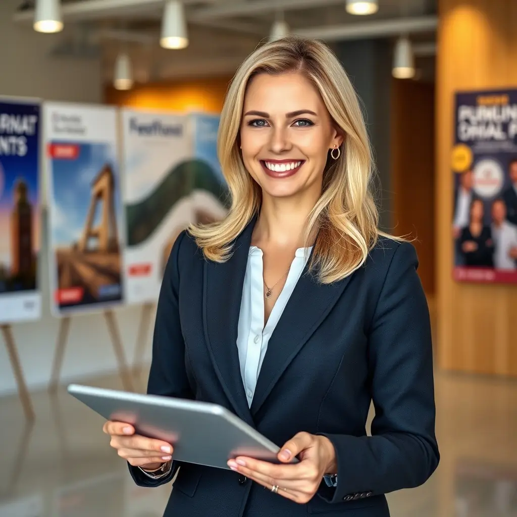A woman with a friendly and professional demeanor, presenting a marketing strategy in a modern office.