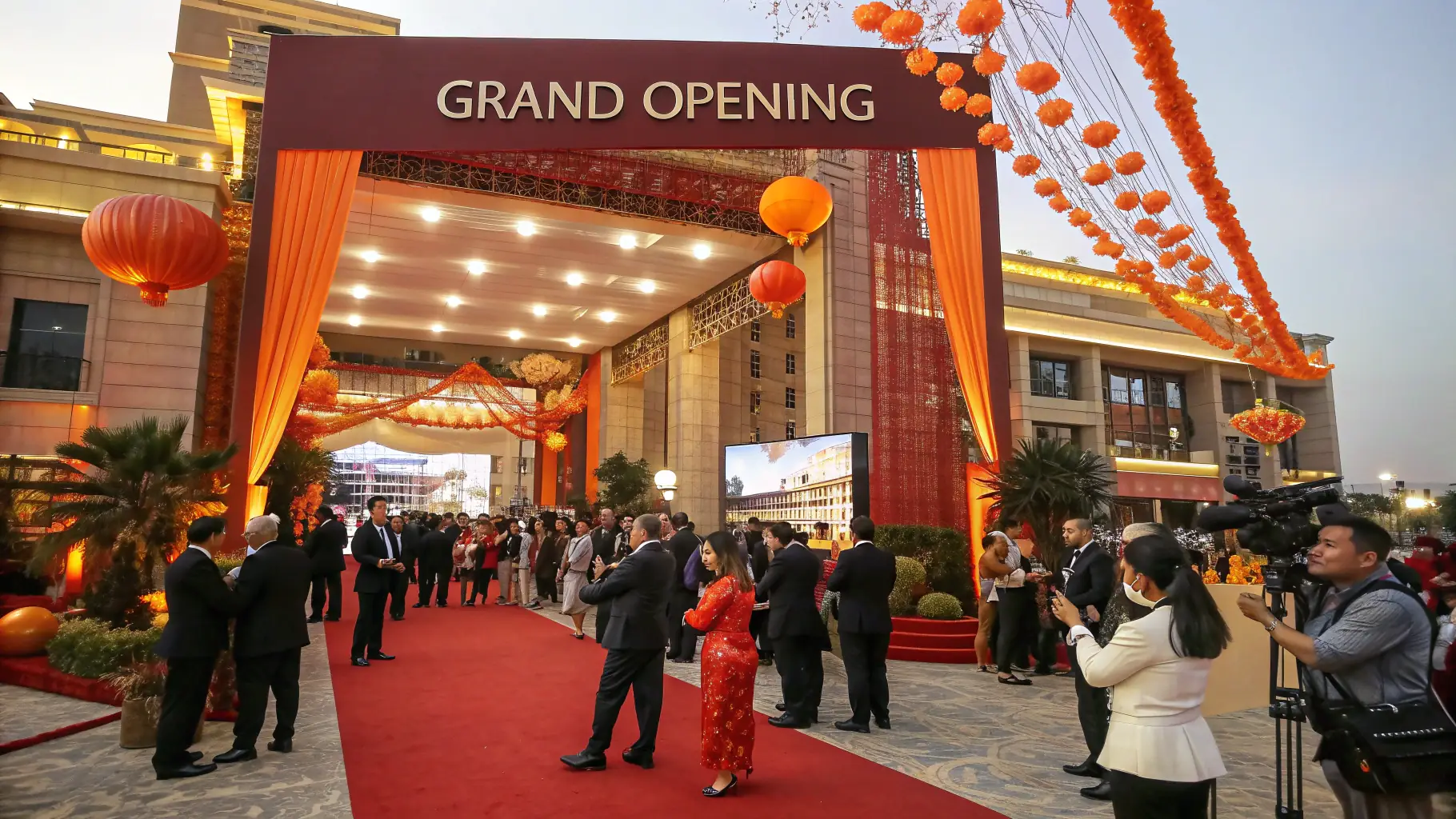 A YouTube video embed of a grand opening event with a stage, lighting, and sound system.