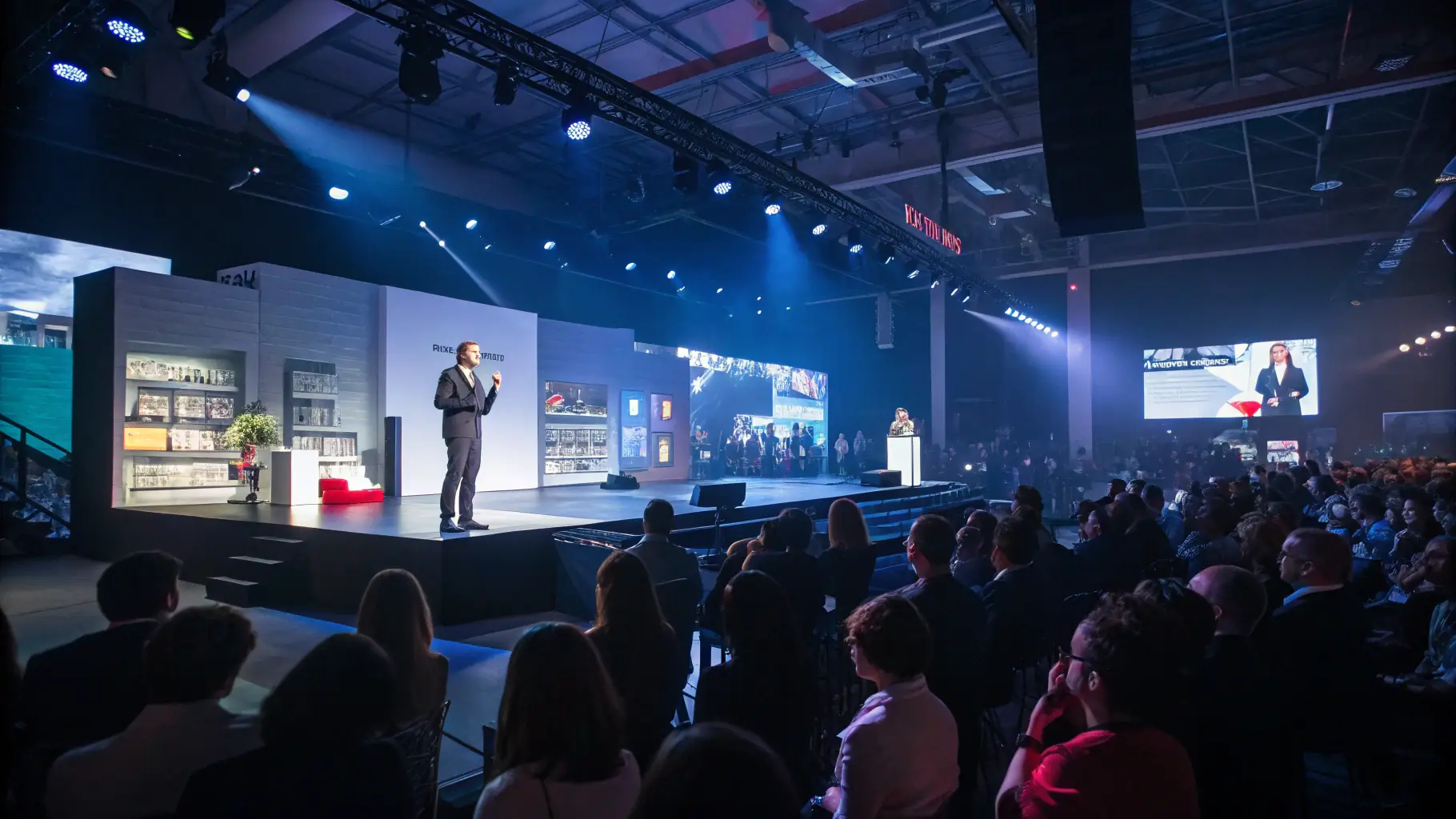 A YouTube video embed of a corporate event with a stage, lighting, and sound system.