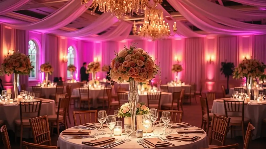 A YouTube video embed of a wedding event with a stage, lighting, and sound system.
