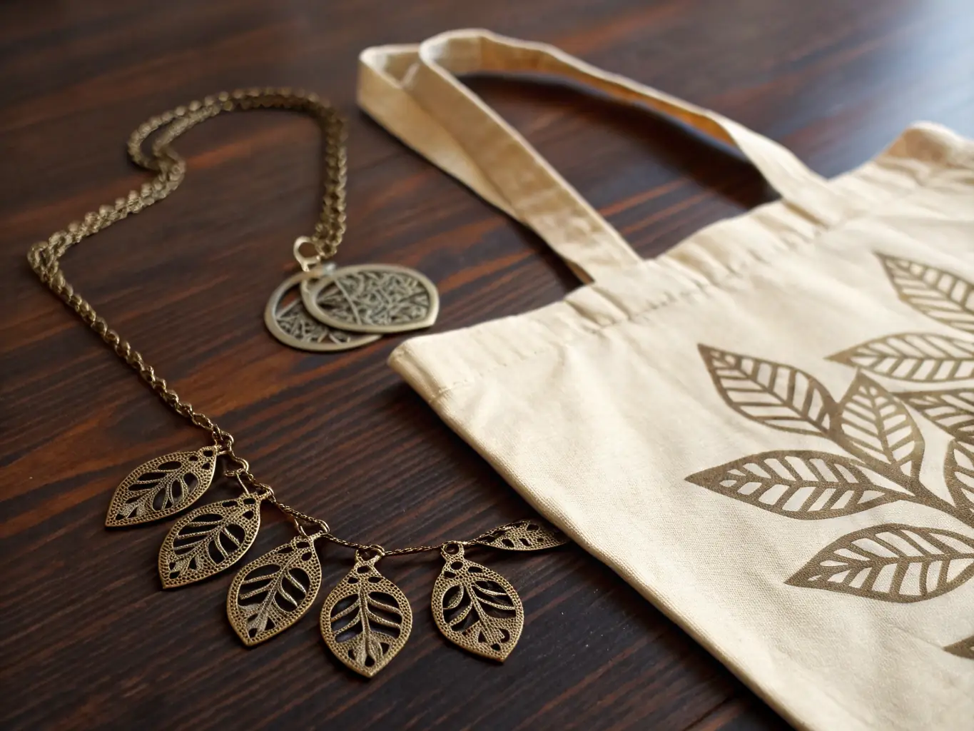 A close-up shot of a handcrafted Red Leaf necklace, showcasing its intricate design and eco-friendly materials.