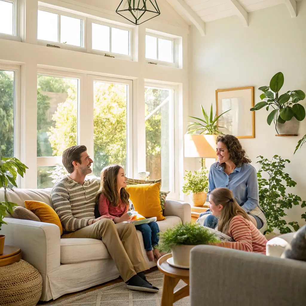 A modern, bright, and inviting home interior showcasing a happy family in the living room. The scene should evoke feelings of financial security and the joy of homeownership.