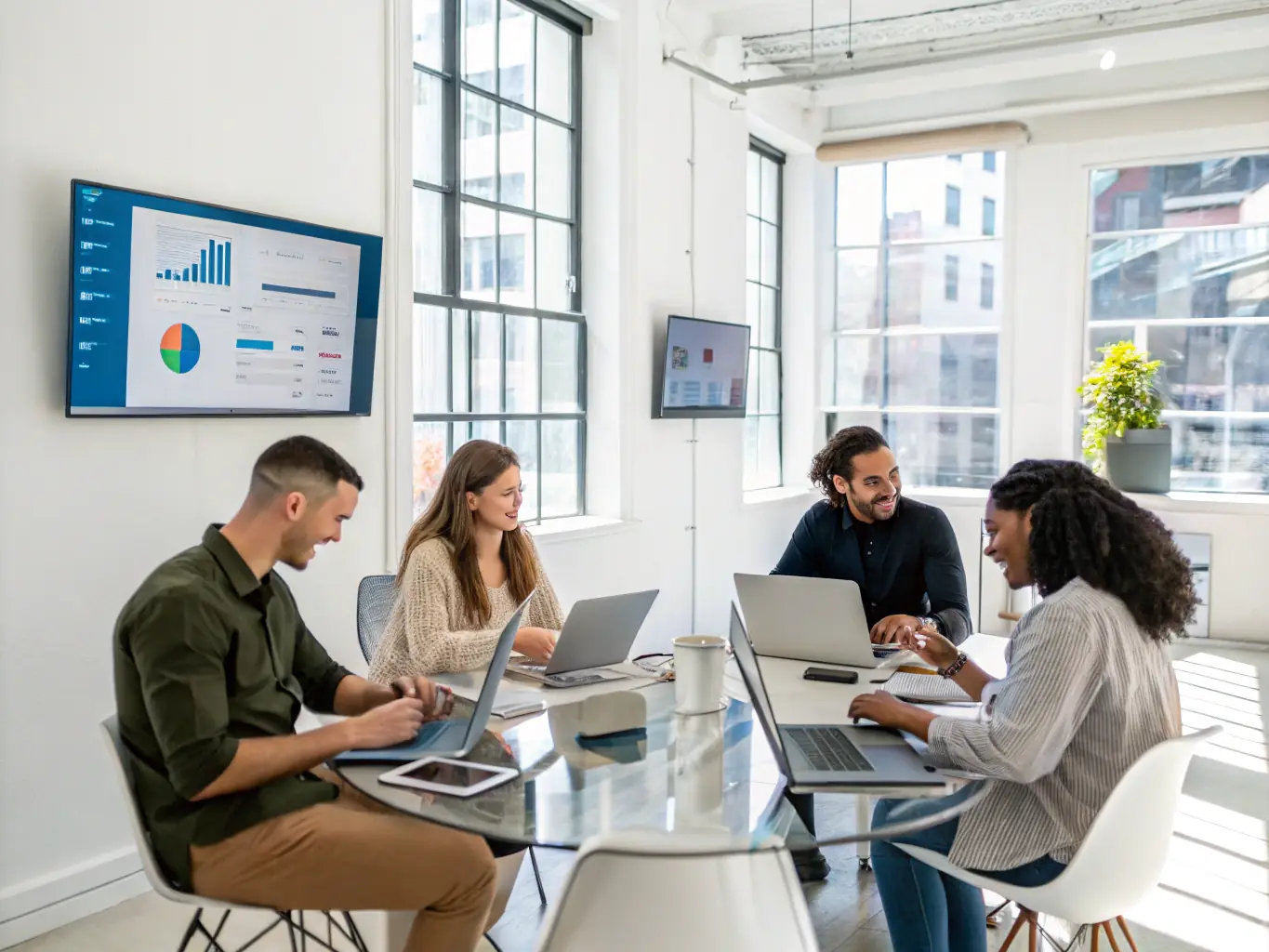 An authentic photo of the Win AI Automation team working, laughing, or in a bright, modern office space.