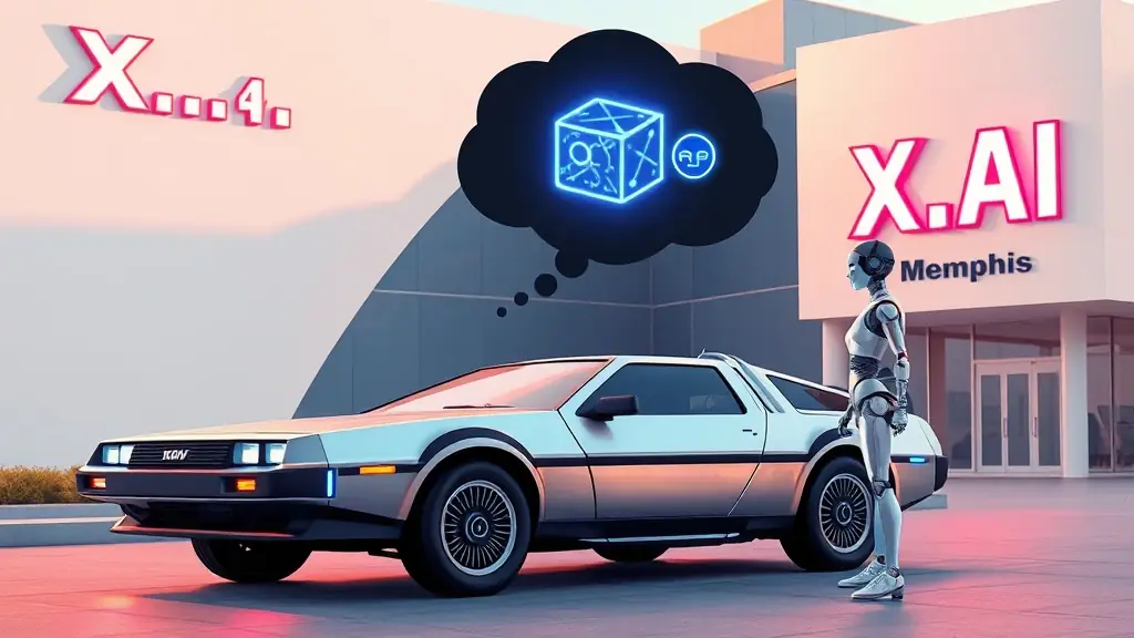 A whimsical image featuring a sleek DeLorean (with subtle X-Wing fighter elements) parked outside a modern, abstract "X.AI" building in Memphis, with Grok (represented by a futuristic, friendly robot or abstract AI symbol) and Gemini (represented by a digital twin of myself) interacting. A thought bubble above them shows Gemini, R2, Omegacube, Grok, Elon, AI Team