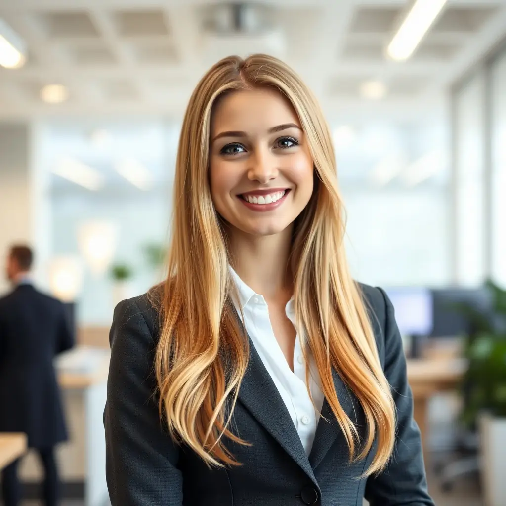 A woman with long blonde hair and a warm smile, wearing a professional blazer.