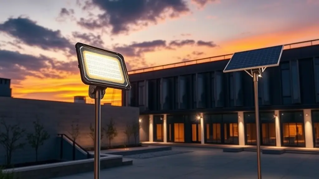 a high-resolution image of the XINGCHEN Series solar floodlights installed in a modern courtyard at sunset, showcasing their rugged design and double-sided PV panels