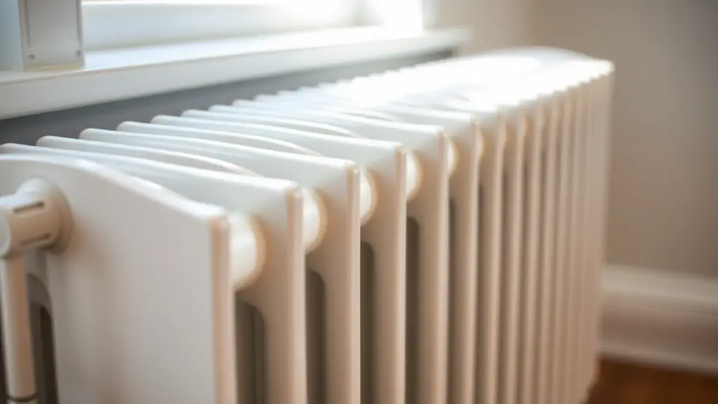 A professional cleaner is cleaning the interior of a classic white radiator in a modern apartment. The cleaner is using specialized tools to remove dust and debris from the radiator's fins.