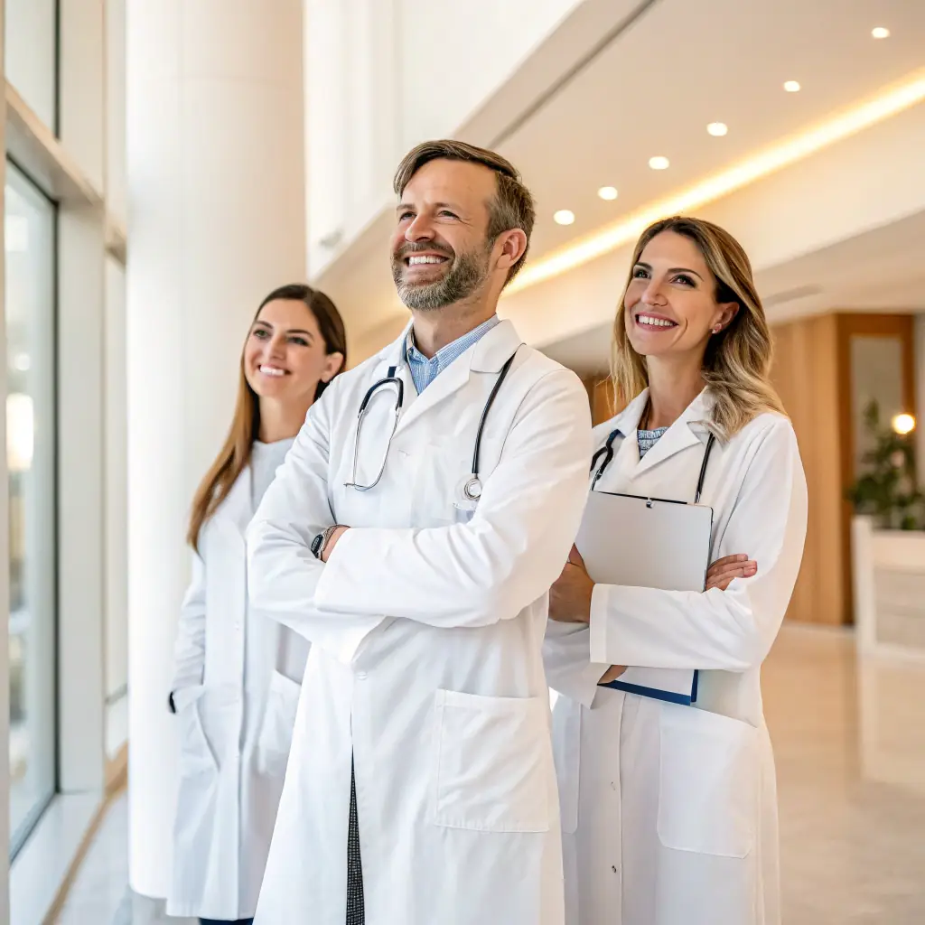 A group of healthcare professionals in a modern hospital setting, wearing high-quality, custom-fitted medical uniforms. The image should convey professionalism, cleanliness, and comfort, showcasing the uniforms in a real-world context.