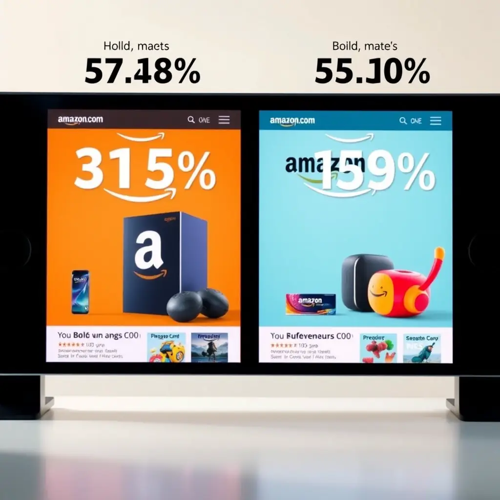 A split screen image showing two different Amazon product ads being tested against each other, with data overlays indicating performance metrics.