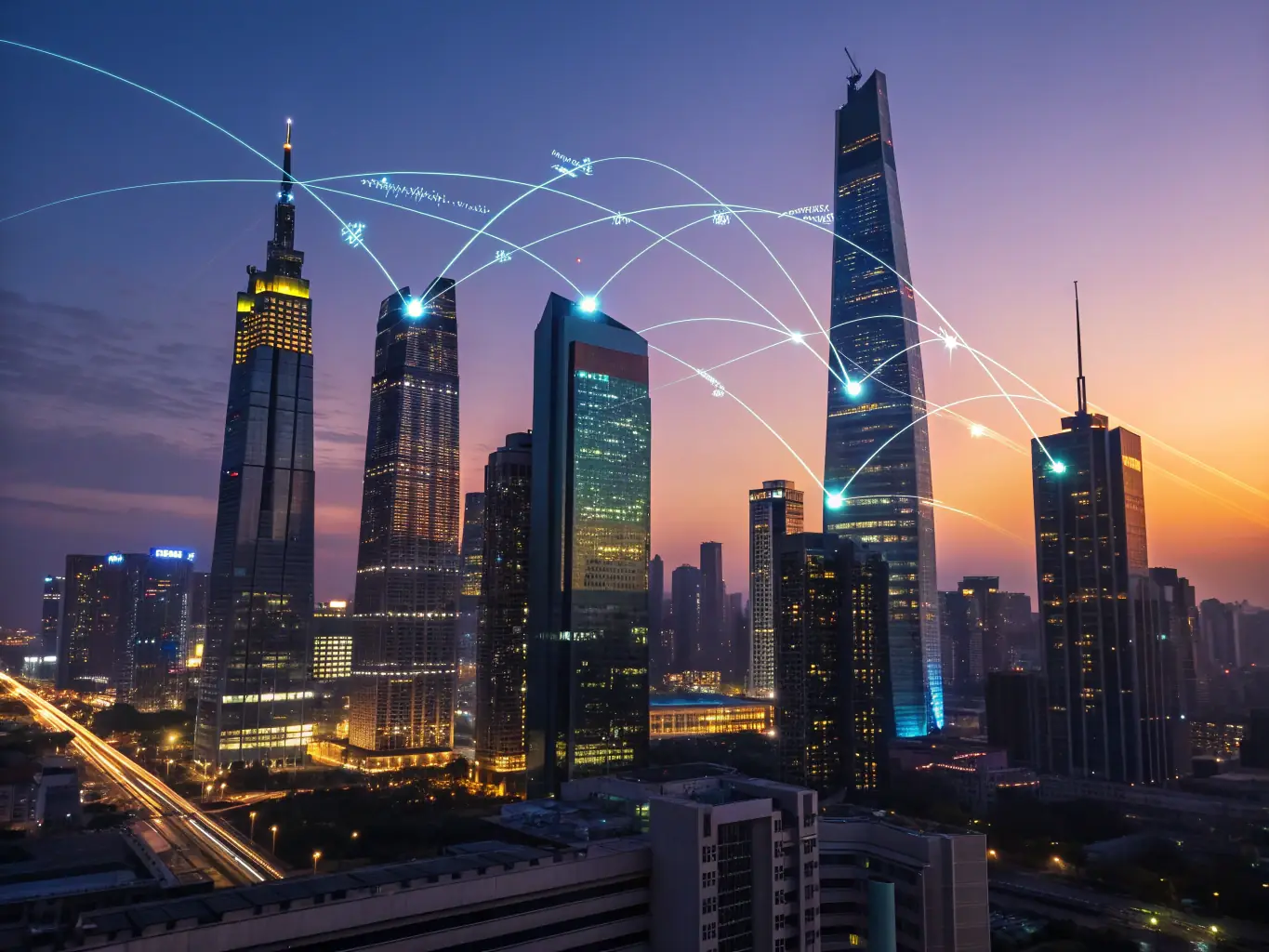 A futuristic cityscape with glowing lines representing data flow and AI connections, symbolizing the integration of artificial intelligence in search engine optimization. The Sinthesis.com logo is subtly incorporated into the skyline.