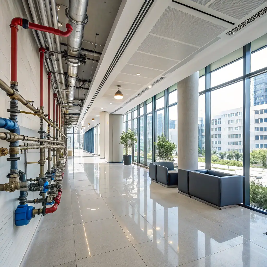 Image of a modern commercial building with visible plumbing and HVAC systems, showcasing VVS Proffs' expertise in handling large-scale projects.