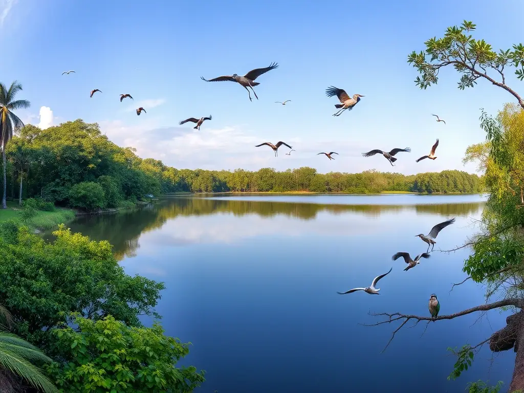 A panoramic view of Kumarakom Bird Sanctuary, showcasing the lush greenery, serene Vembanad Lake, and diverse bird species in their natural habitat. Capture the essence of tranquility and natural beauty.