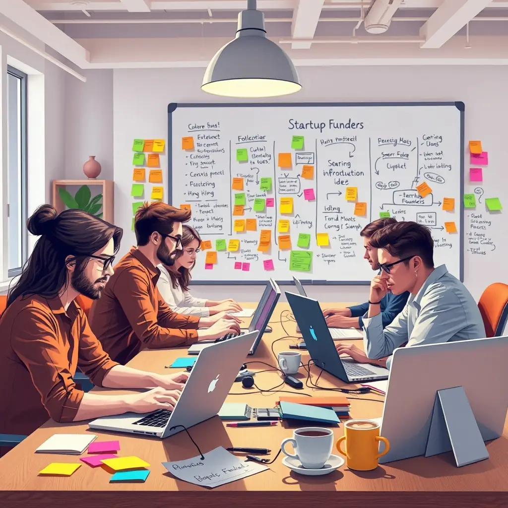A group of SaaS founders participating in a GrowthLaunch™ workshop, actively engaged in a sales strategy session. The atmosphere is collaborative and energetic, with whiteboards filled with ideas and strategies.