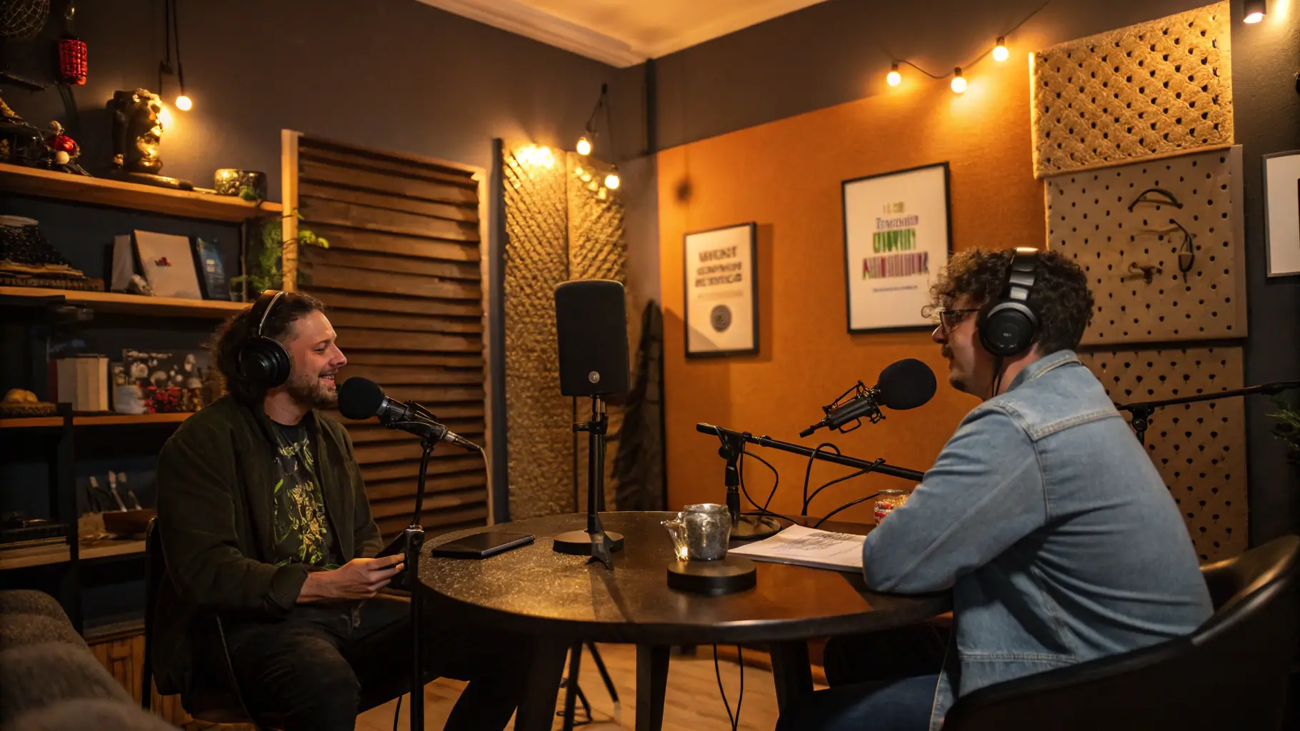 Two diverse podcast hosts, a man and a woman, are recording a podcast. They are wearing headphones and speaking into microphones. The background is a plain, light-colored wall.