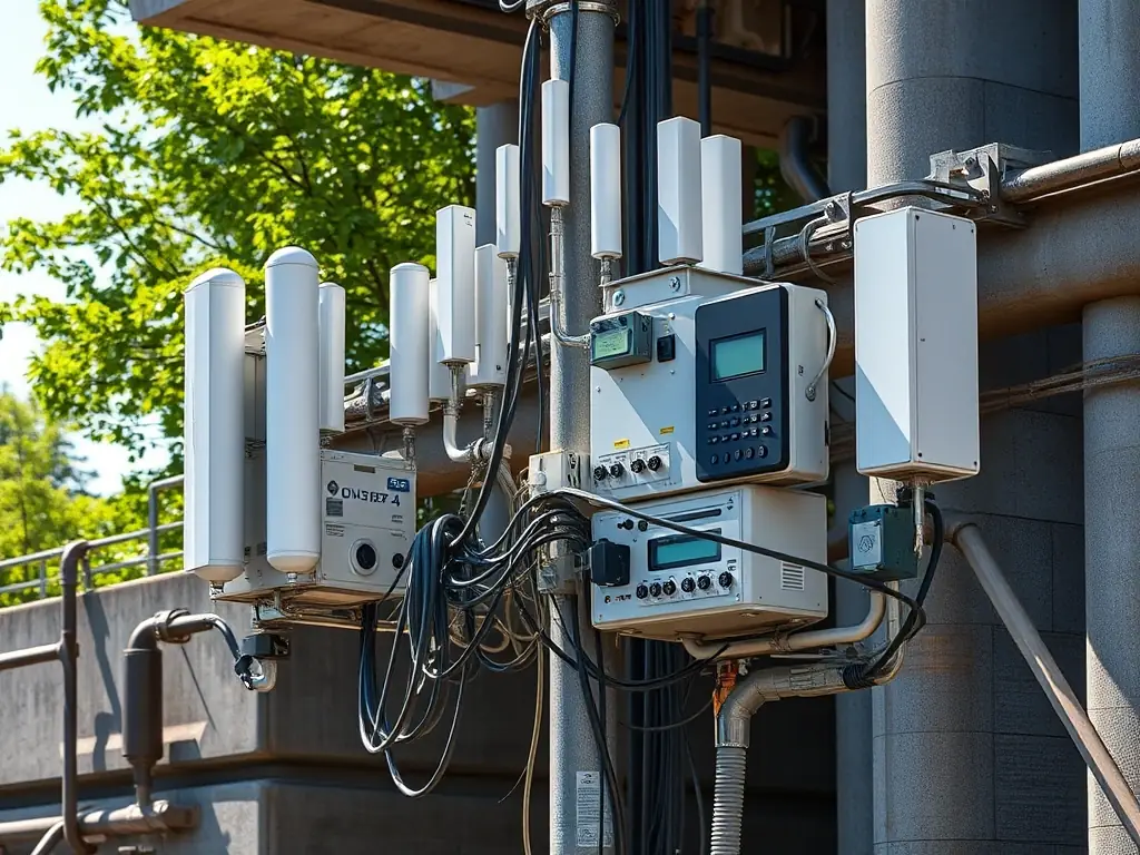 high-tech outdoor 5G equipment in a rugged industrial environment, showcasing durability and advanced connectivity features