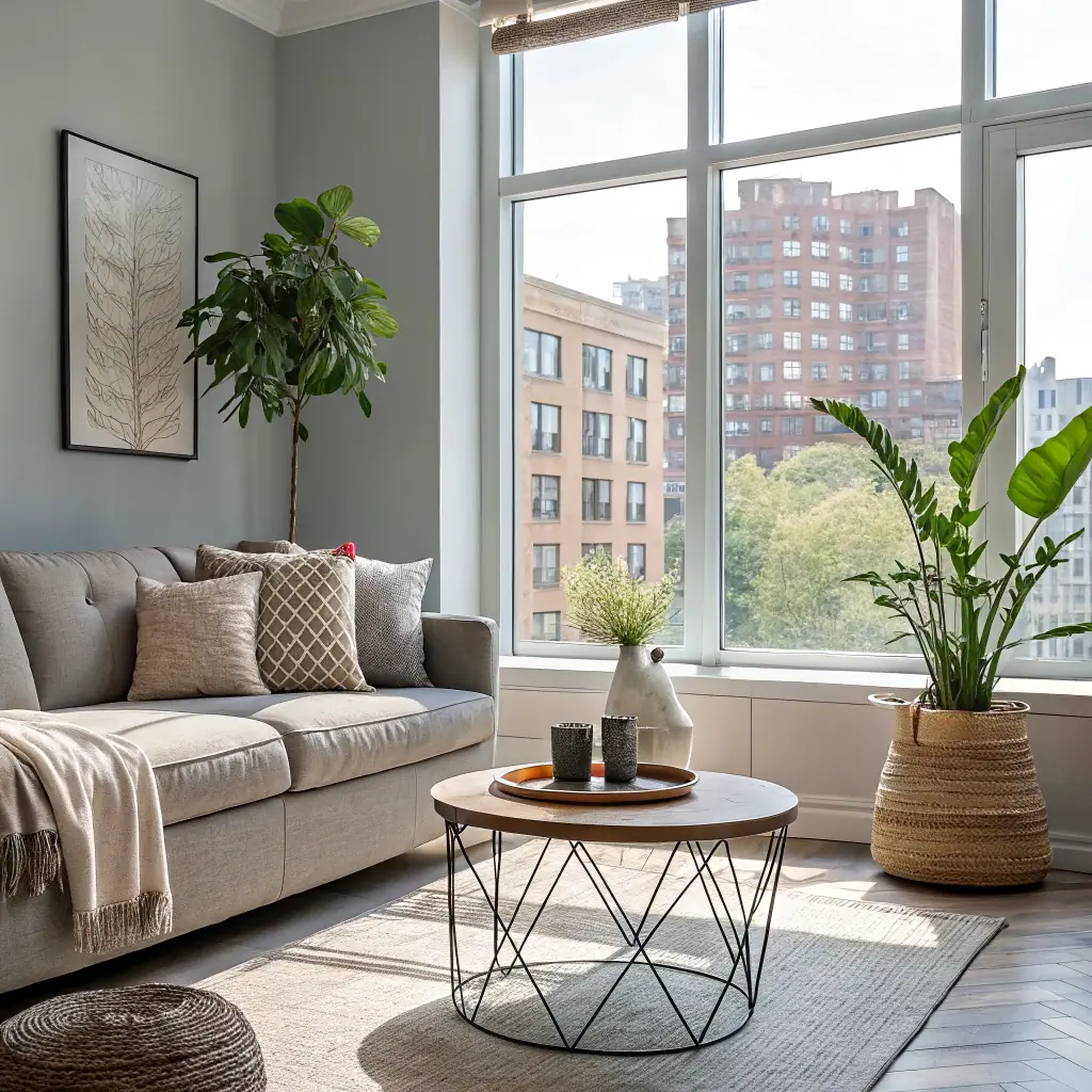 A bright and modern apartment interior with large windows, a comfortable living area, and a well-equipped kitchen, showcasing the apartment's appeal to potential renters. The image should convey a sense of comfort and convenience.