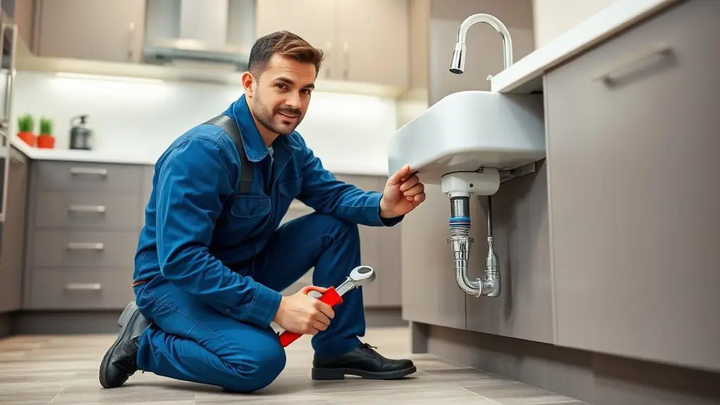 A plumber working on a pipe in a modern kitchen.