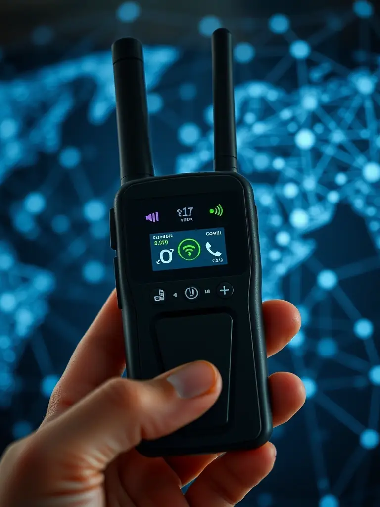 A close-up shot of a state-of-the-art communication device with a clear display and ergonomic design. The device is set against a backdrop of a global communication network, highlighting its connectivity features. The focus is on the device's sleek interface and advanced functionality.