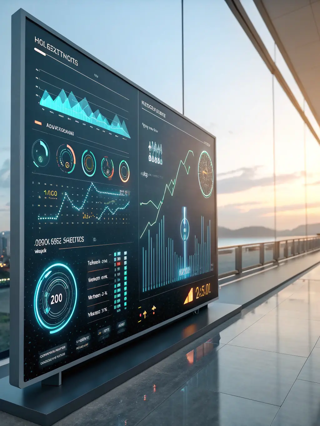 An image of a smart monitoring system interface displaying real-time data and analytics. The system is monitoring various parameters, such as temperature, pressure, and location. The background shows a network of sensors and devices, emphasizing the system's comprehensive monitoring capabilities.