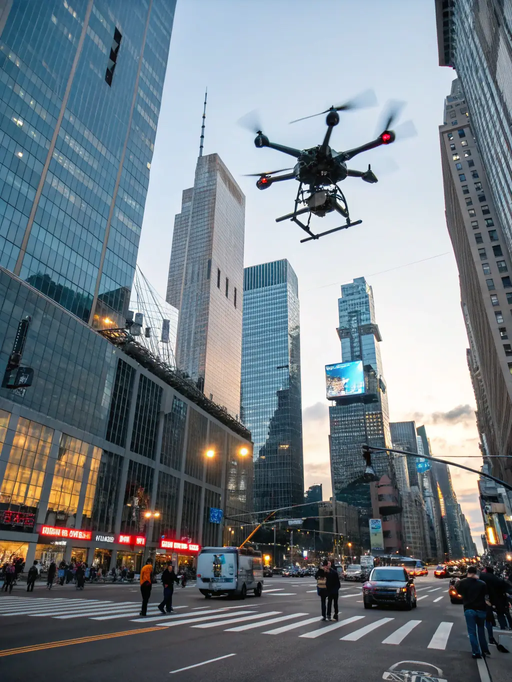 A high-resolution image of an AI-powered drone hovering over a cityscape at dusk, showcasing its sleek design and advanced sensors. The drone is equipped with multiple cameras and sensors, emphasizing its surveillance capabilities. The background features a modern city skyline with illuminated buildings.