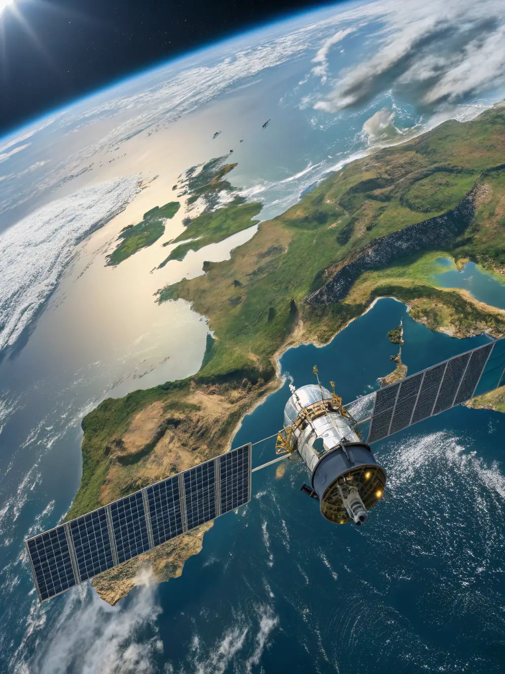 A futuristic image of a satellite orbiting Earth, transmitting data to various ground stations. The satellite is equipped with advanced sensors and communication equipment, highlighting its role in global connectivity and data collection. The Earth is depicted with detailed cloud cover and geographical features.
