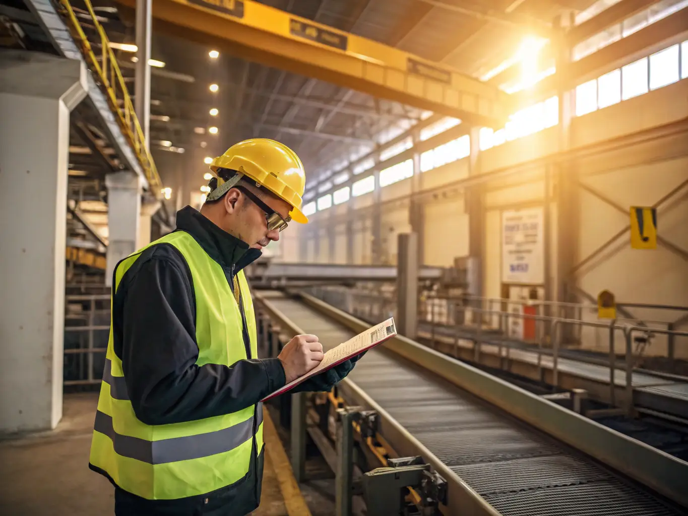 A compliance auditor inspecting a factory site with safety gear, holding ISO certification documents.