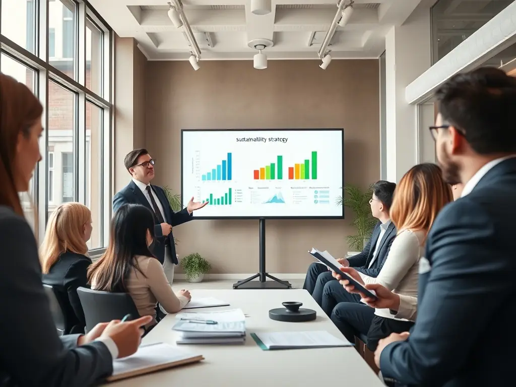 A professional consultant presenting a carbon management strategy to a group of businesspeople in a modern office, with charts and greenery in the background.
