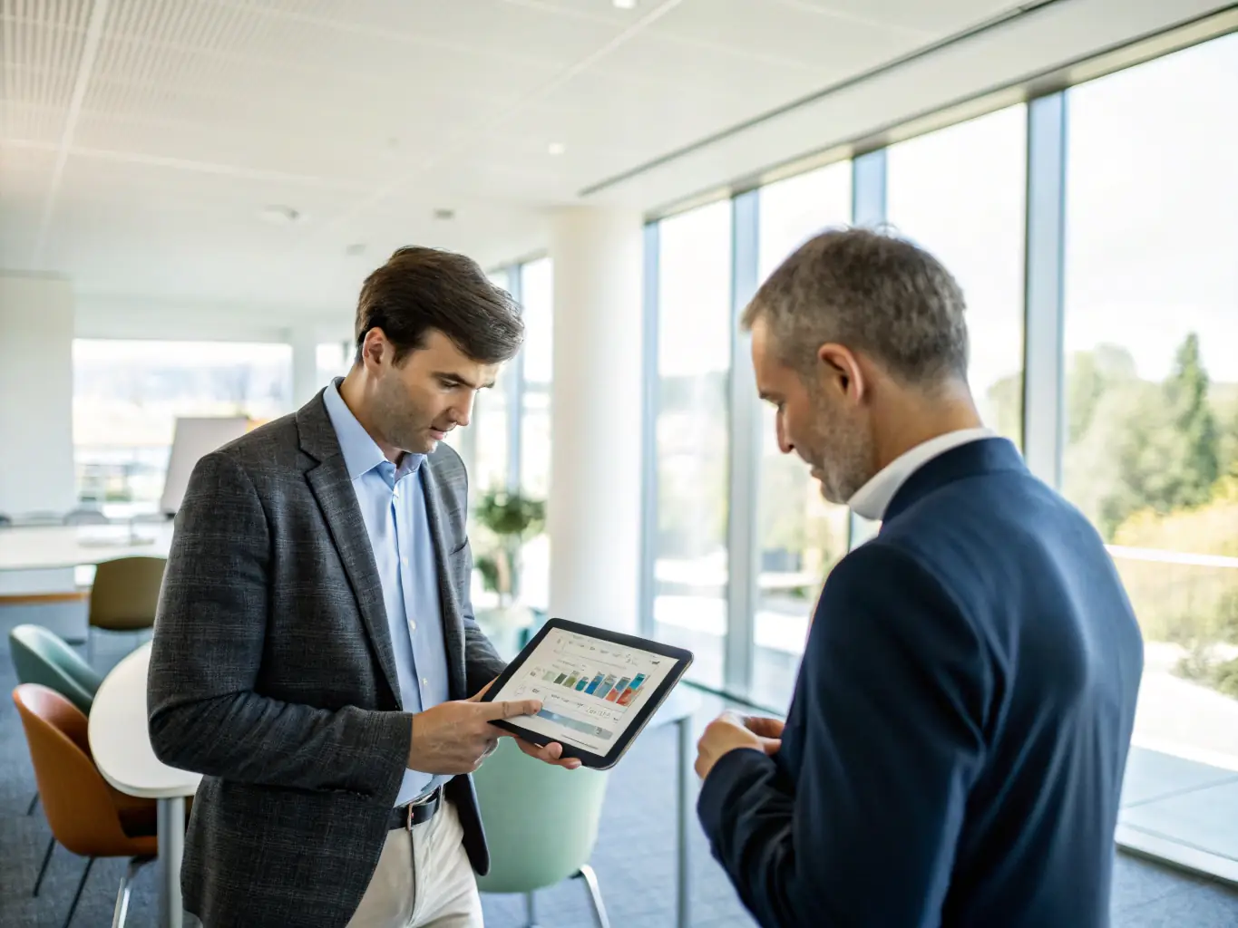 A consultant and client discussing sustainability strategies over a digital tablet, with a cityscape visible through the window.