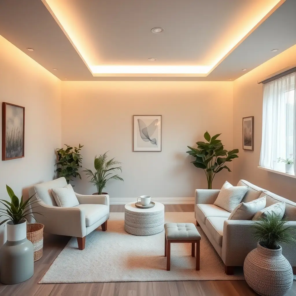 A serene therapy room with soft lighting and comfortable seating, creating a peaceful atmosphere.