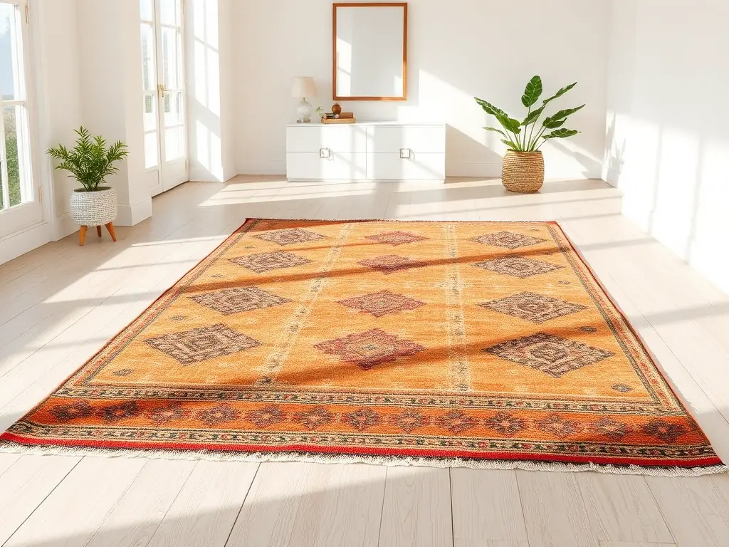A vibrant flat weave (Dhurrie) carpet with intricate geometric patterns, displayed in a bright and airy room. The image captures the carpet's lightweight texture and its ability to add a pop of color and style to any space.