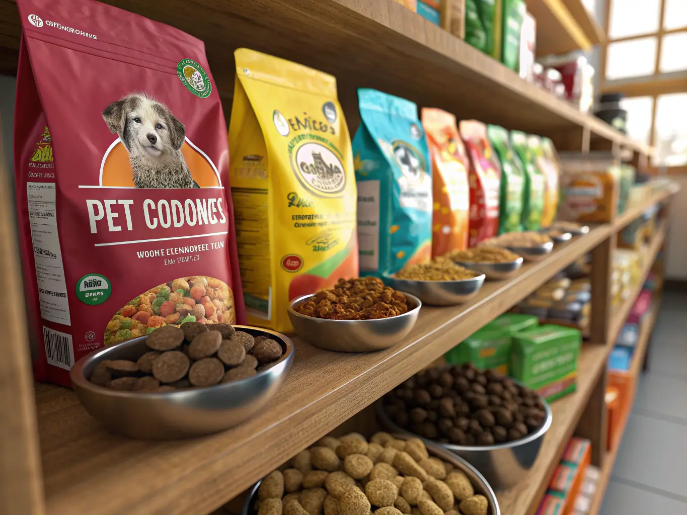 A vibrant display of various fresh pet products including toys, food, and accessories, arranged in an appealing layout for ecommerce website