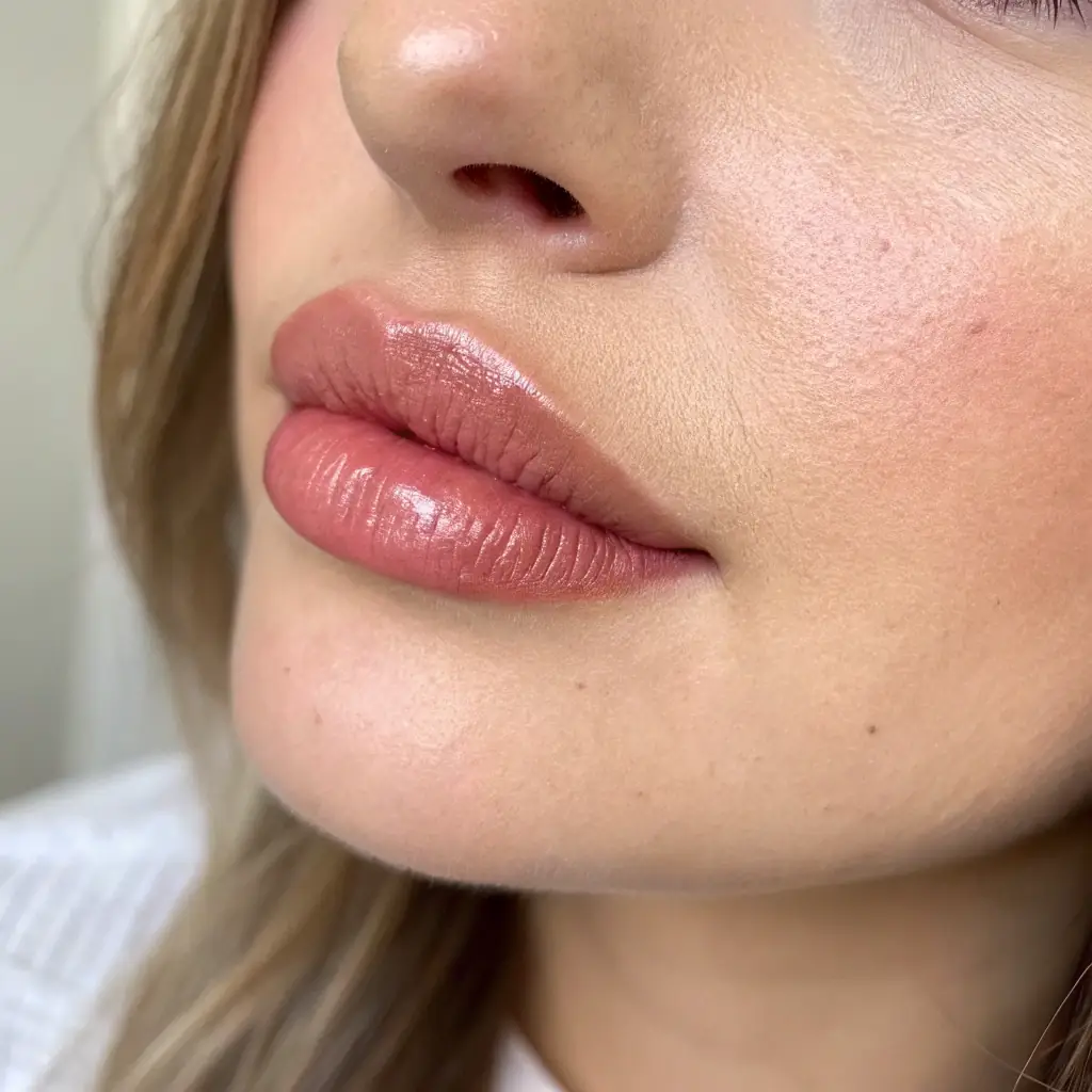 A close-up shot of a woman's lips after a lip blush treatment at Promise Pigments. The lips are subtly enhanced with a natural-looking pink tint, showcasing the clinic's expertise in creating realistic and beautiful results. The background is blurred to focus on the lips, highlighting the luxurious and modern aesthetic of the clinic.