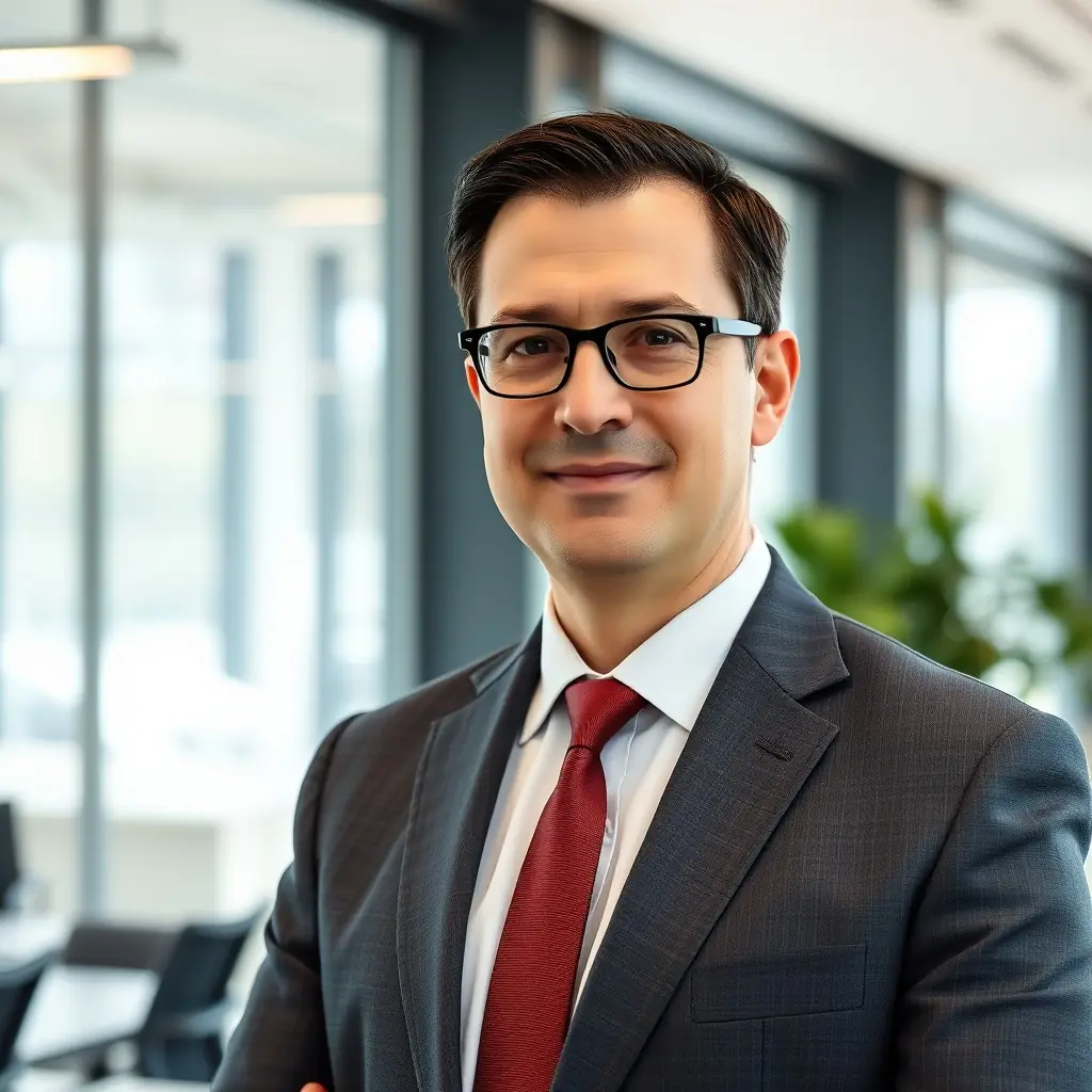 A tall man in his 40s with short black hair and glasses, wearing a blue shirt.