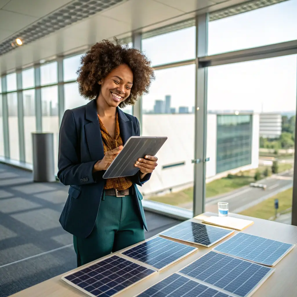 A woman in her 30s with curly hair, dressed in a smart blazer, exuding confidence.