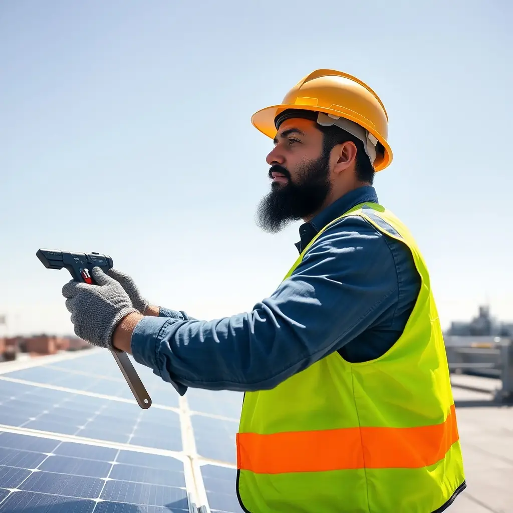 A middle-aged man with a beard, wearing a hard hat and safety vest.