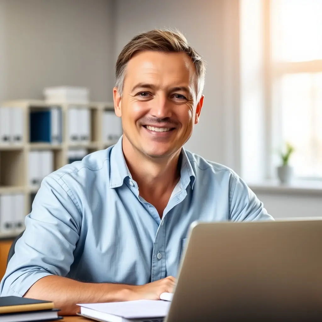 A middle-aged man smiling in a cozy home office, ready for a video mentoring session.