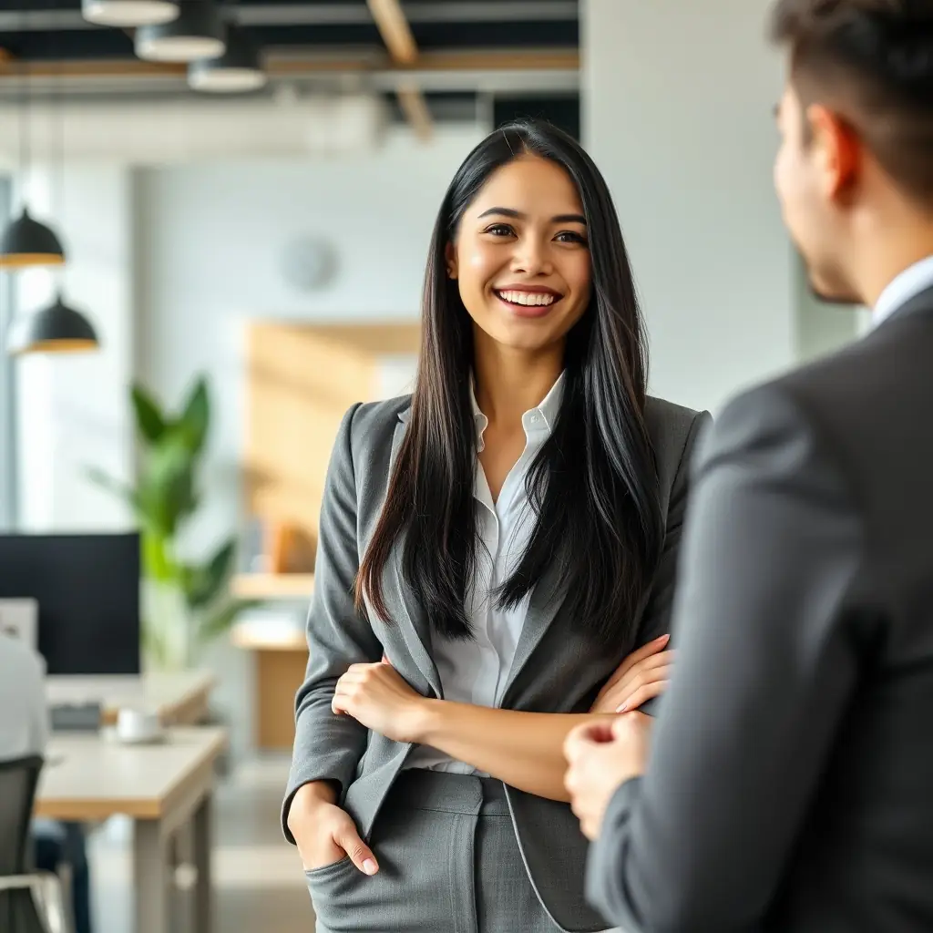 A young woman in a business suit standing in a modern office, ready for a mentoring session.
