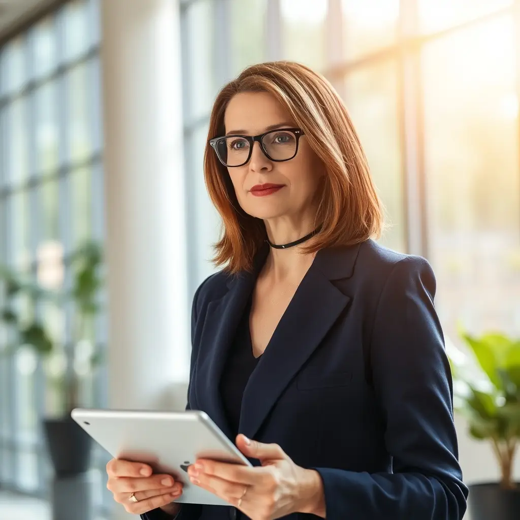 A confident woman in a blazer standing in a bright office, engaging in a mentoring session.