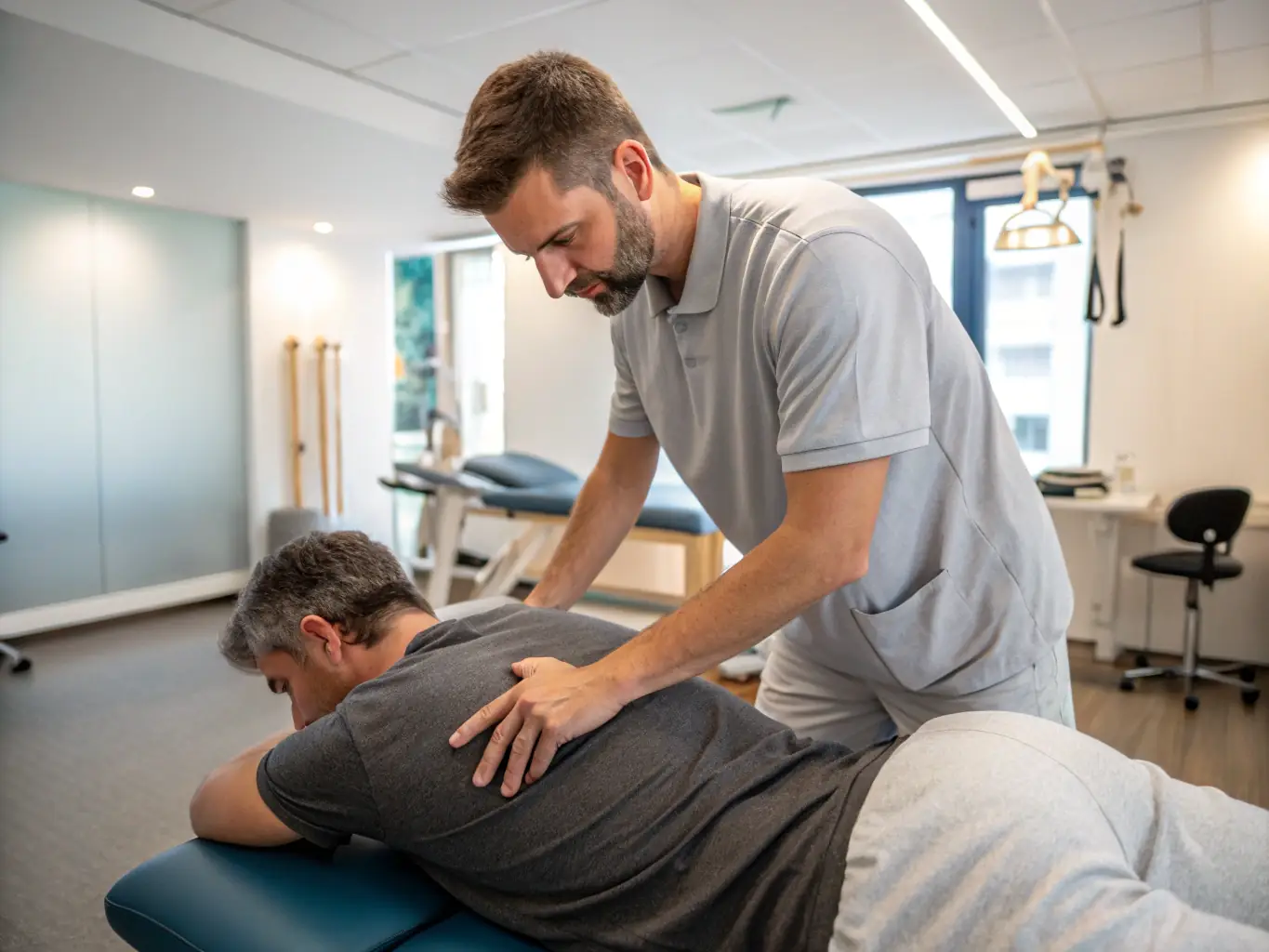 A physiotherapist is working with a patient who is lying on a physiotherapy bed. The physiotherapist is using their hands to massage the patient's back. The patient looks relaxed and comfortable.