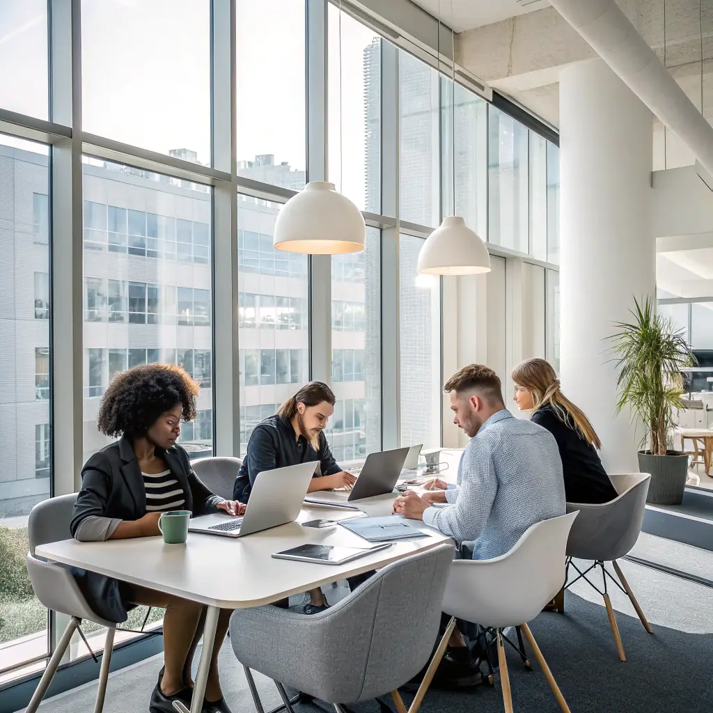 A high-quality, professional photograph of a modern office space with employees collaborating. The image is cropped to occupy 60% of the left side of the screen, with a subtle mask effect to blend seamlessly with the background. The overall tone is bright, inviting, and conveys a sense of teamwork and innovation.