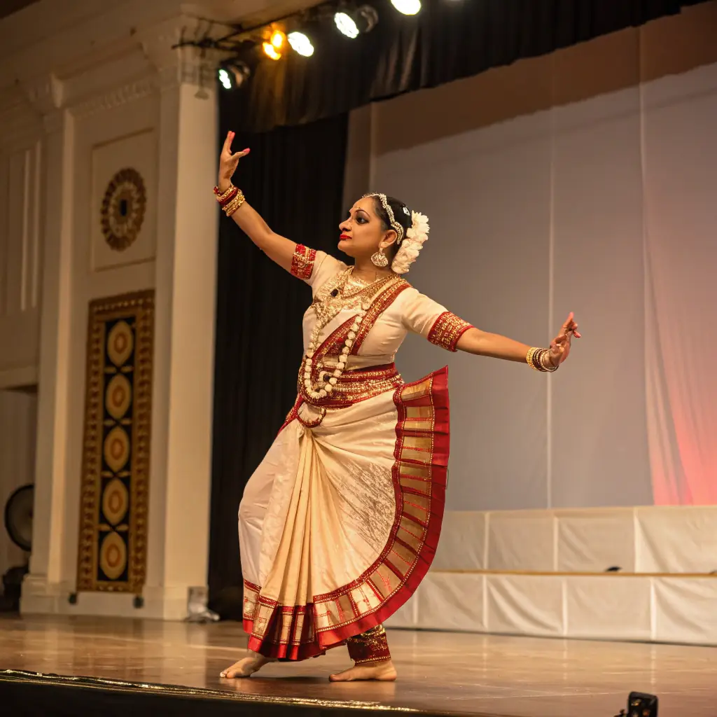 A vibrant Kathakali performance with dancers in elaborate costumes and face paint, performing a scene from the Mahabharata or Ramayana.