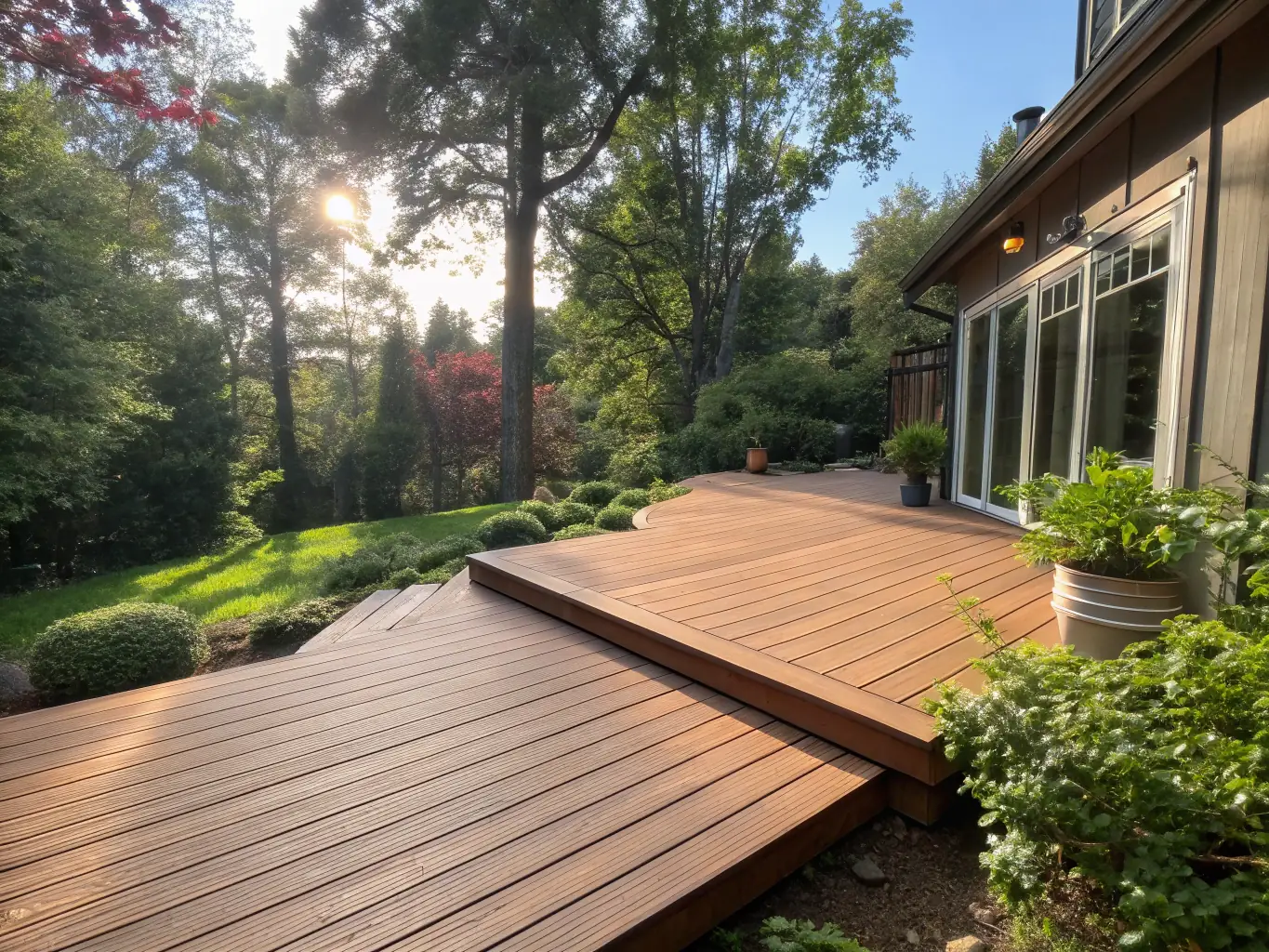 A close-up shot of a composite deck board, showcasing its realistic wood-grain texture and color variations. The image emphasizes the durability and weather-resistance of composite decking, with a focus on its low-maintenance qualities.