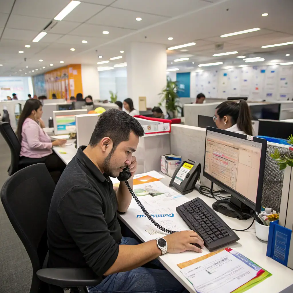 An image depicting a chaotic office environment with tangled wires and overwhelmed employees, symbolizing the problems of generic automation.