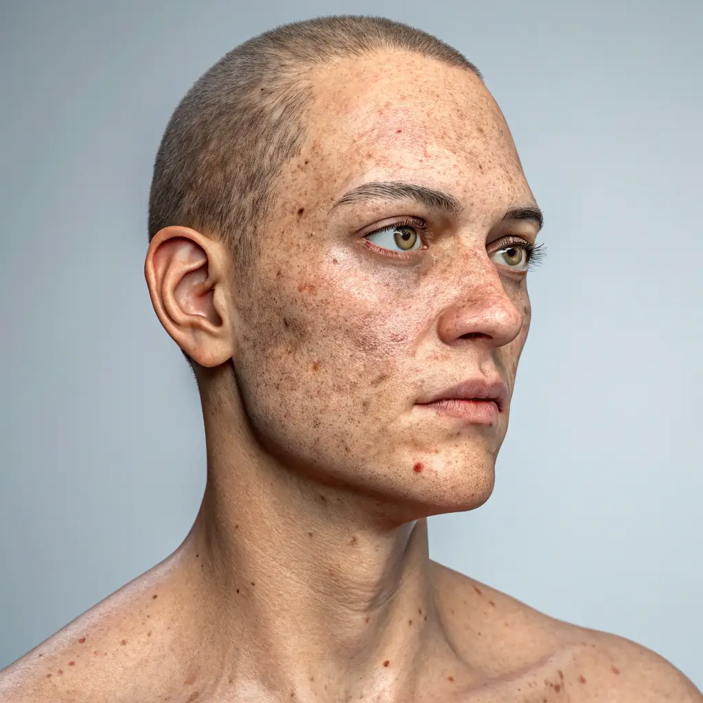 Close-up shot of skin before and after AI Skin Tone Pigmentation Camouflage treatment, showcasing the seamless color match and scar concealment.