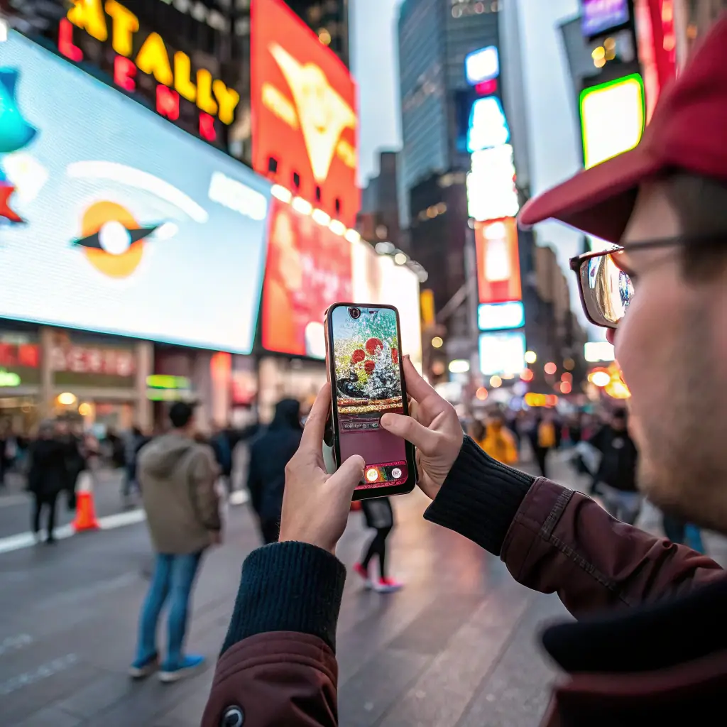 A collage of three photographic market scenes (no VR headsets) seamlessly connected by a mobile-first immersive platform visualization graphic, showcasing SugarXR's ability to integrate AR experiences into real-world settings.